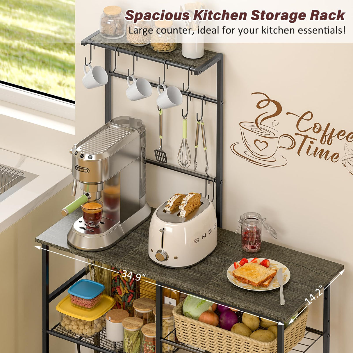 3IngSeagulls Bakers Rack with Power Outlet, Kitchen Microwave Stand with 10 S-shaped Hooks, 6-Tier Coffee Bar Station, Kitchen Storage Shelf Rack for Spices, Pots, Gray 3IngSeagulls