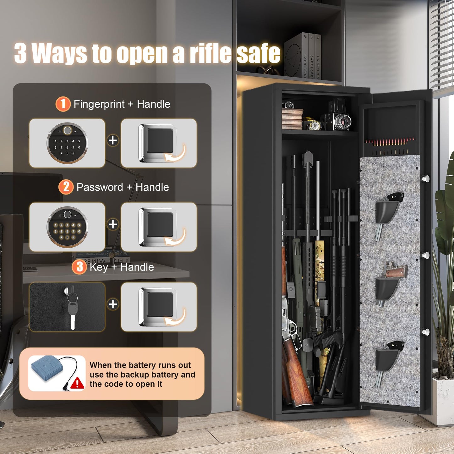 10-14 Biometric Gun Safe Rifle, Large Gun Safes for Home Rifles Pistols and Shotguns, Long Gun Storage Safe, Quick Access Fingerprint Gun Cabinet with Adjustable Rack & Removable Shelf & LED Light