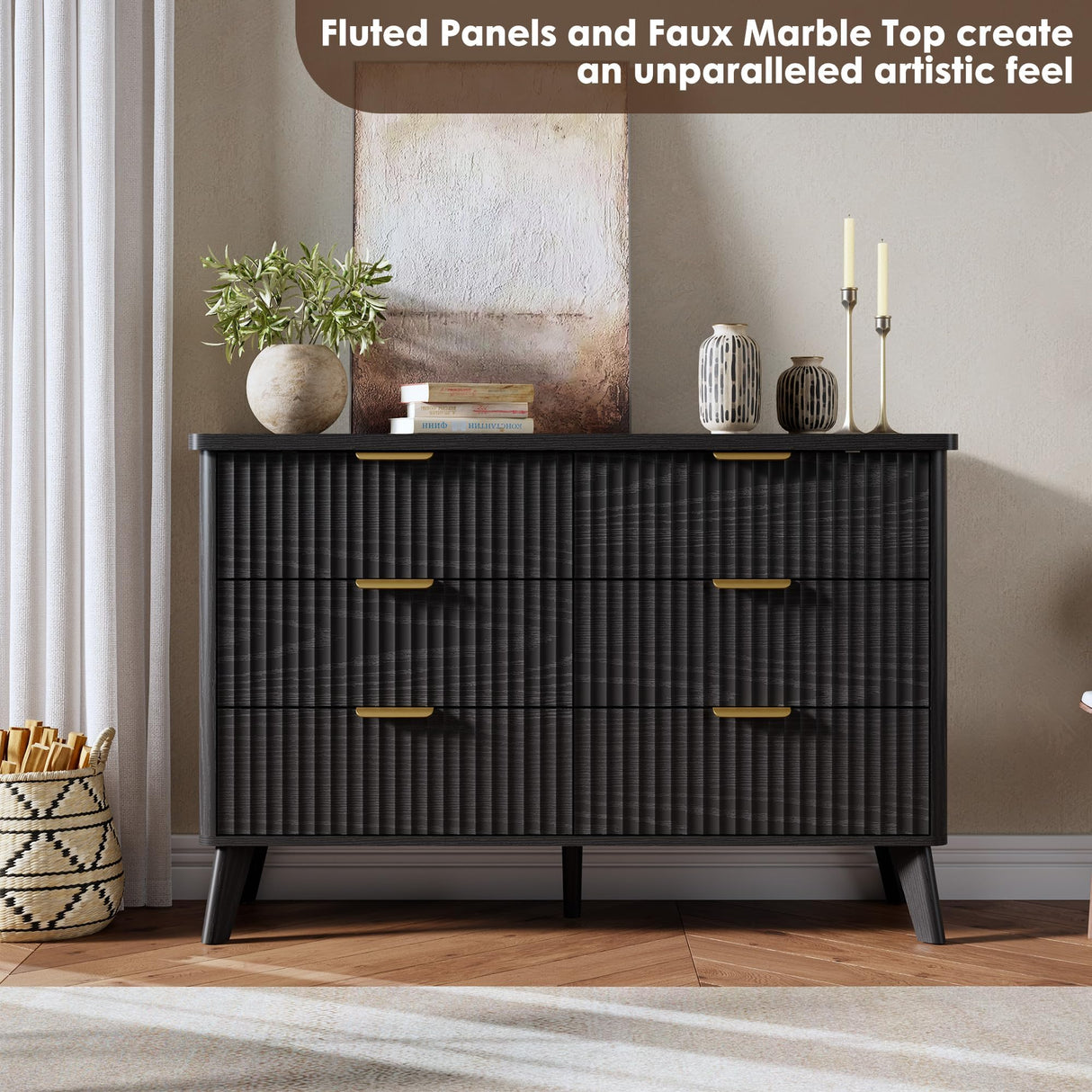 Garvee 6 Drawers Dresser for Bedroom, 47.2" Wide Dressers with Curved Profile Design, Fluted Wood Drawers with Gold Handle, Modern Chest of Dressers with Thickened Design for Living Room, Black Garvee