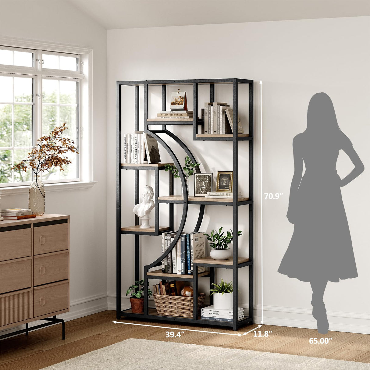 LGHM Industrial 5-Tier Bookshelf with Storage, 70.9 Inch Tall Large Display Bookcase - Modern Metal Standing Shelves for Living Room, Office and Bedroom, Set of 2, Greige LGHM