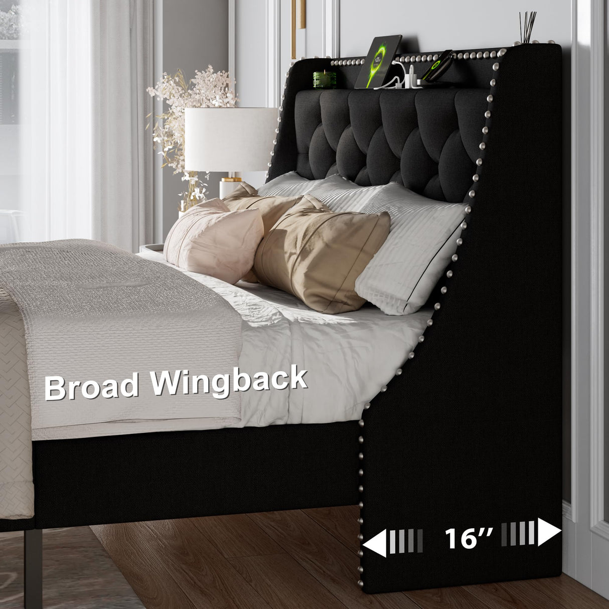 Feonase Full Size Bed Frame with Luxury Wingback and Fast Charging Station,Full Upholstered Button Tufted Storage Headboard Platform Bed,Sturdy Wooden Slats Support,Noise-Free,Easy Assembly,Black Feonase