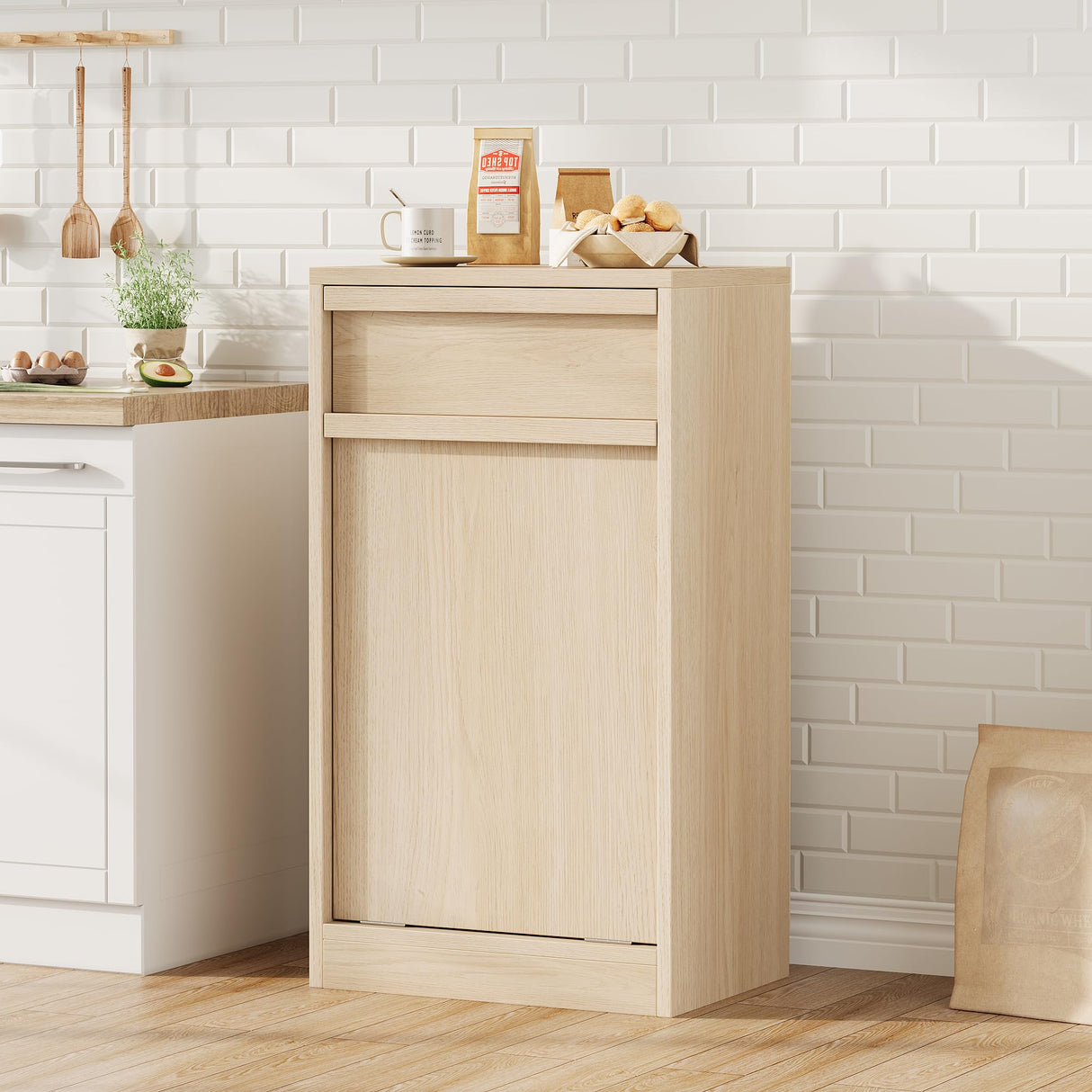 CABIHOME Tilt Out Trash Cabinet, Hidden Trash Cabinet with 10 Gallon Storage, Pet-Proof Freestanding Garbage Can Cabinet Laundry Hamper for Kitchen Dining Room CABIHOME