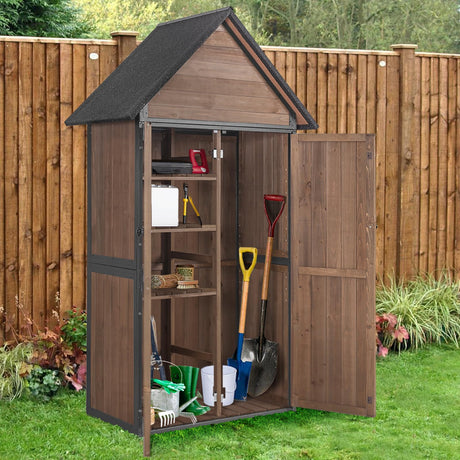 Outdoor Storage Shed,Vertical Wooden Tool Shed with Waterproof Roof,Adjustable 3 Tiers Shelves,Storage Tool Cabinet Box with Metal Frame Sloped Roof for Backyard Garden Patio Lawn (Dark Brown) Aivituvin