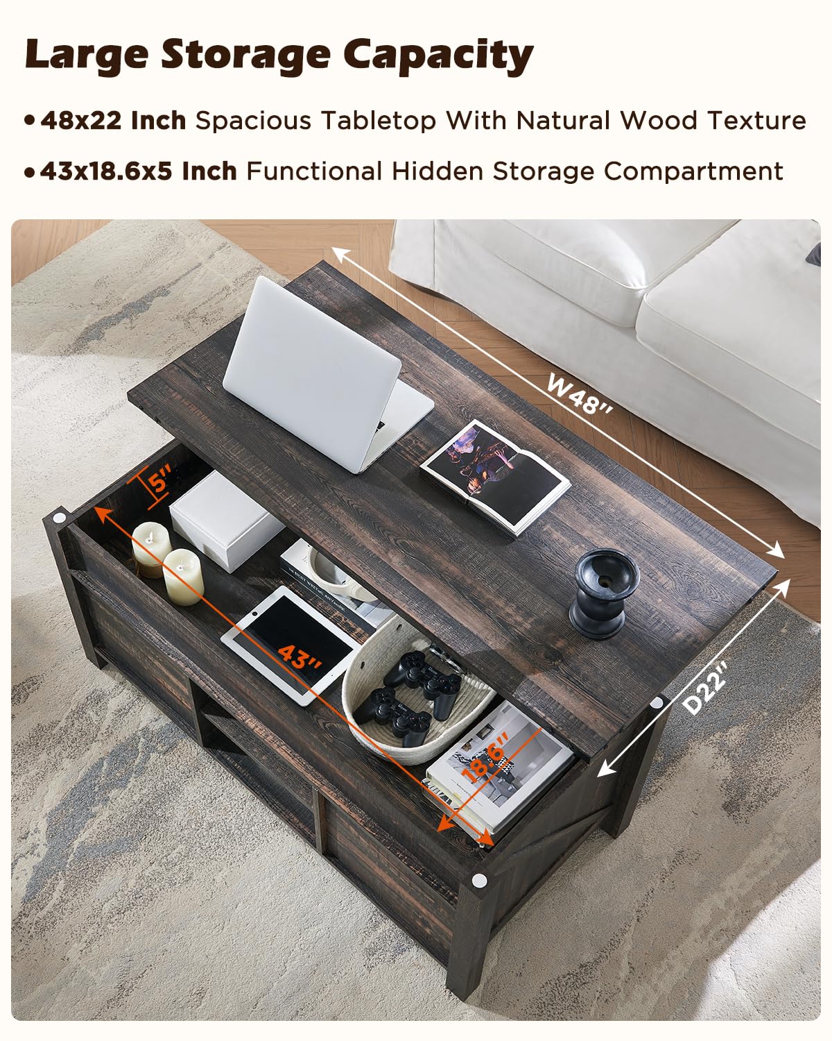 OKD 48" Farmhouse Lift Top Coffee Table with Sliding Barn Door,Rustic Center Table with Hidden Storage Compartment,Lifting Tabletop and Adjustable Shelf for Living Room,Office,Dark Rustic Oak OKD