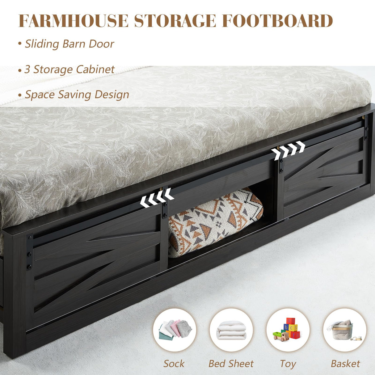 LUXOAK Farmhouse Queen Size Bed Frame with Sliding Barn Door Storage, 49" Tall Headboard Wood Bed Frame, Rustic Platform Bed Frame Wooden Slats & Metal Support, No Box Spring Needed, Deep Brown LUXOAK