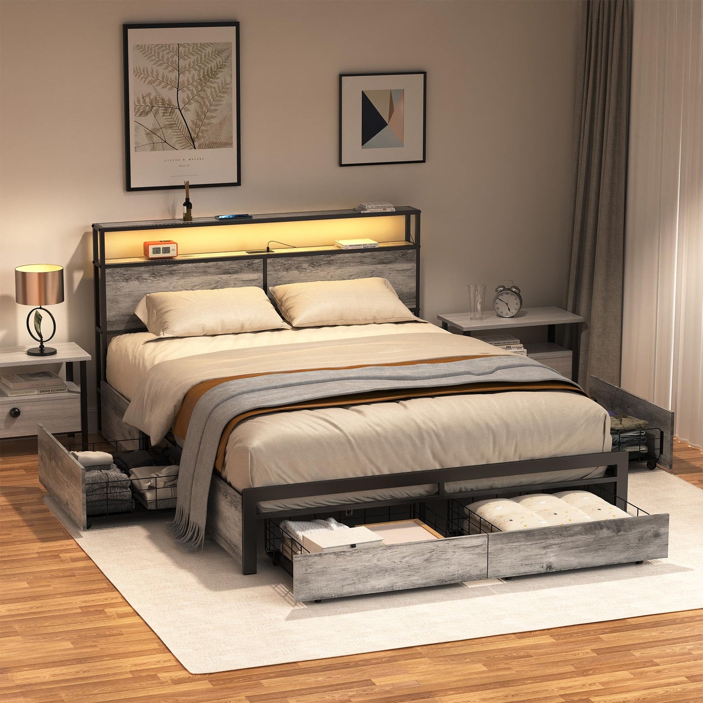 HAUSOURCE Full Size LED Bed Frame with Headboard, 4 Storage Drawers & Integrated USB Ports - WoodArtSupply