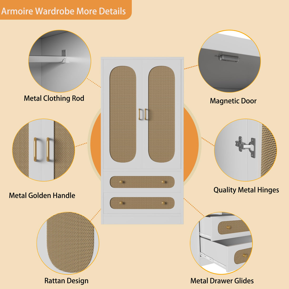 JZXSHD White Armoire Wardrobe Closet with Drawers, Rattan Wardrobe Cabinet with 2 Wood Door & Hanging Rail, Armoire Wardrobe Closet for Bedroom, Gym, Cloak Room JZXSHD