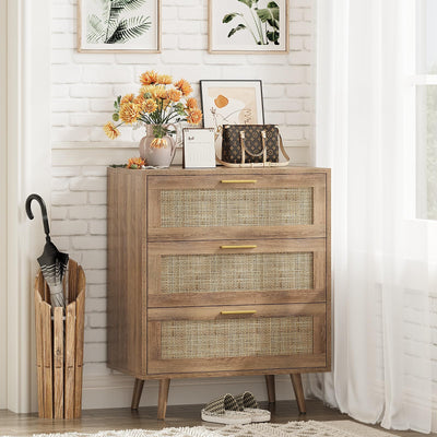 Trironsun 3 Drawer Dresser for Bedroom Rattan Dresser Chest of Drawers with Spacious Storage Boho Clothes Storage Nightstand for Living Room