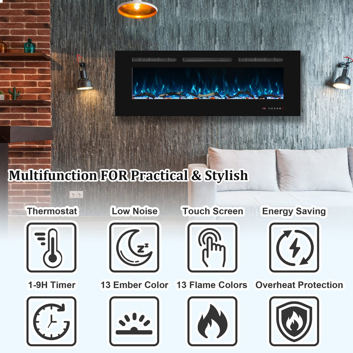 Oxhark Flame 72inch Electric Fireplace in Wall Recessed and Wall Mounted Fireplace Electric, 13 Flame Colors, Realistic Logs &Crystals Fuel Bed, Adjustable Temperature and Timer, 750W/1500W, Black Oxhark Flame