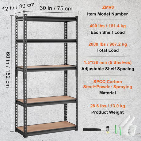 VEVOR Storage Shelving Unit, 5-Tier Adjustable, 2000 lbs Capacity, Heavy Duty Garage Shelves Metal Organizer Utility Rack，2 Pack, 30" L x 12" W x 60" H VEVOR