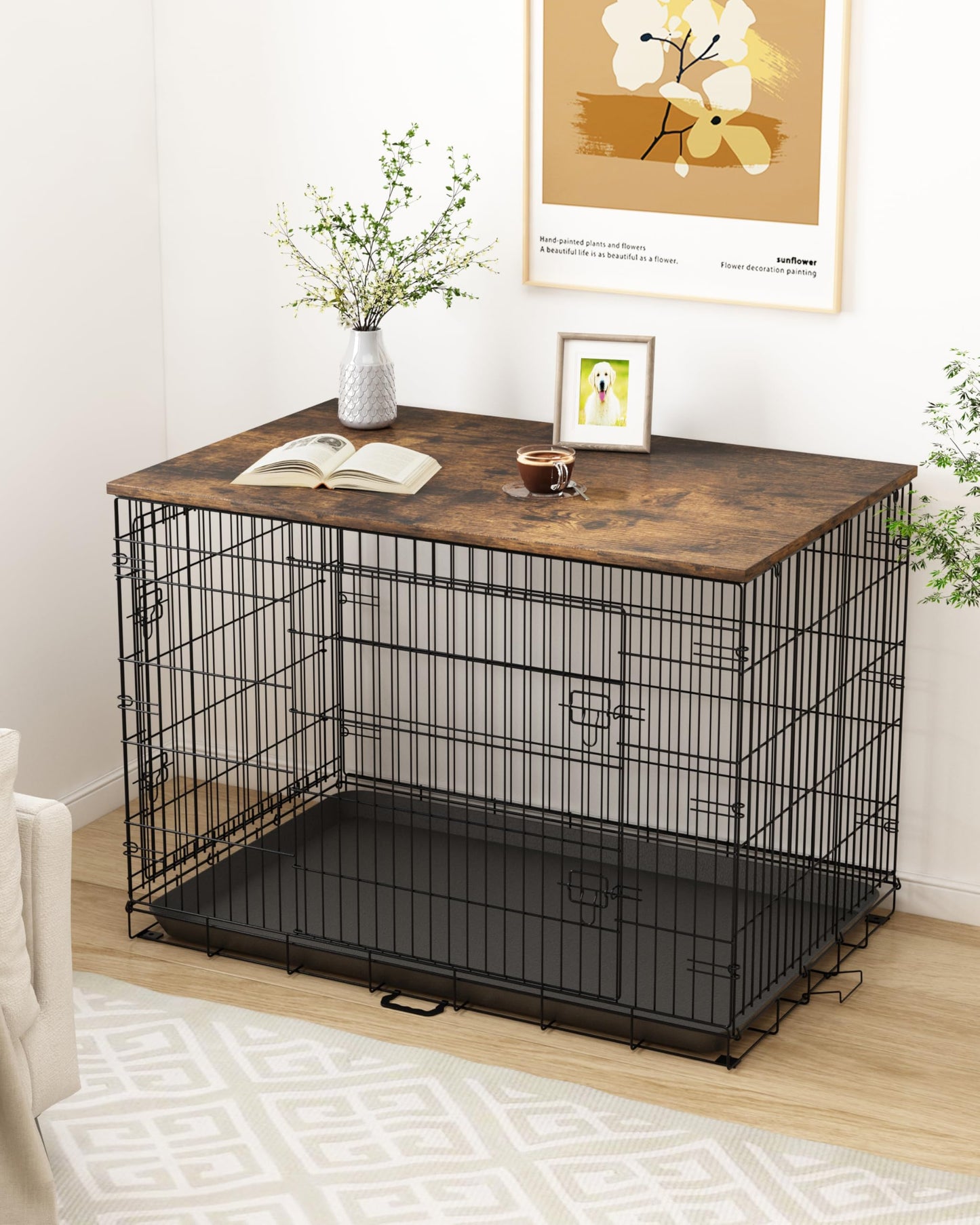 Piskyet Dog Crate Topper Wood for 48 42 36 30 24 inch Dog Cage, Dog Crate Cover,Dog Kennel Topper, 30" Rustic Brown(Crate Not Include)