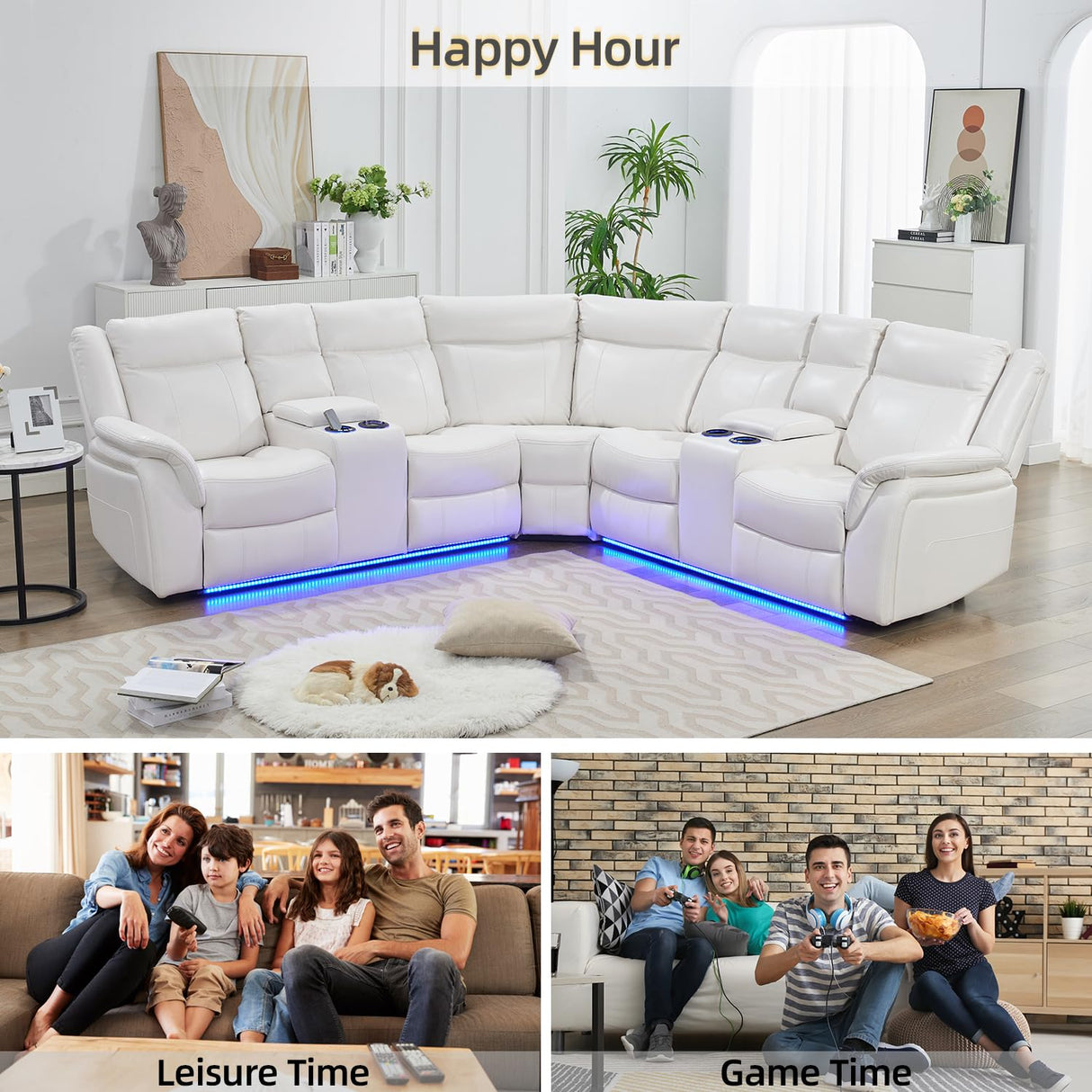 TODRANI Power Reclining Sectional Sofa 5 Seater, Faux Leather Reclining Sectional Couches for Living Room with Wall Hugger Recliner, L Shaped Furniture Sofa Sets with LED Light, USB Port, White TODRANI