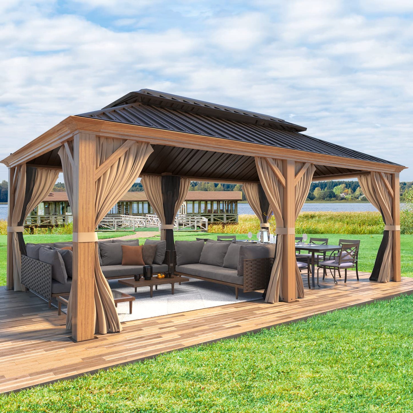 EROMMY 12'x20' Hardtop Gazebo, Wooden Finish Coated Aluminum Frame Gazebo with Galvanized Steel Roof, Outdoor Metal Gazebos with Curtains and Nettings for Patio, Backyard, Deck and Lawns