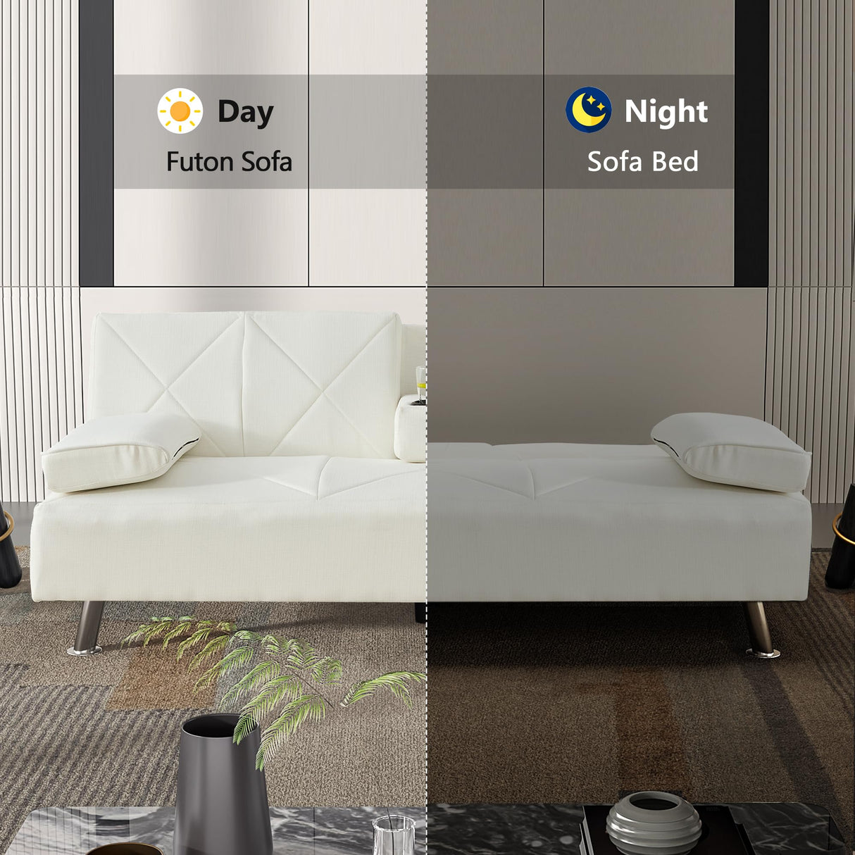 VECELO Modern Convertible Folding Futon Sofa Bed with Removable Armrests Breathable Linen Recliner Couch for Living Room/Apartment Lounge, 2 Cup Holders, White VECELO