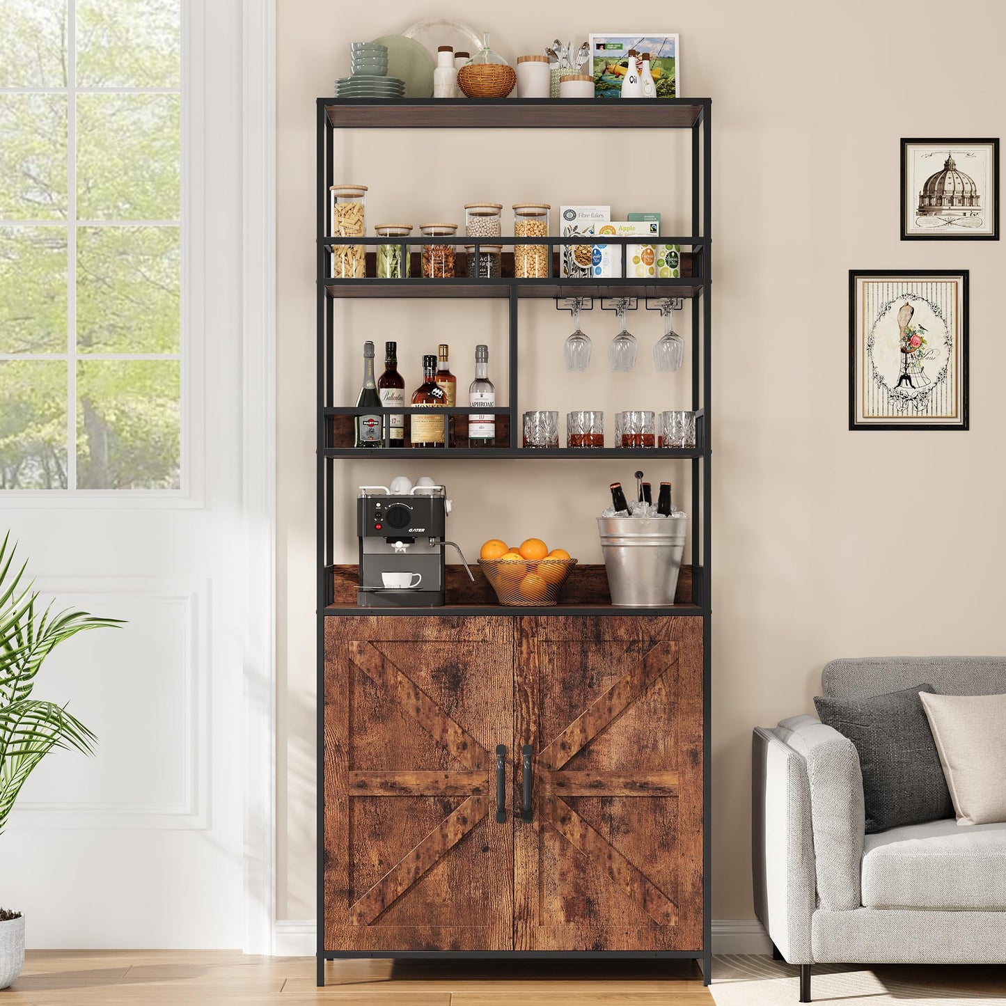 IDEALHOUSE Vintage Industrial Freestanding Wine & Bar Cabinet with Glass Holder - WoodArtSupply