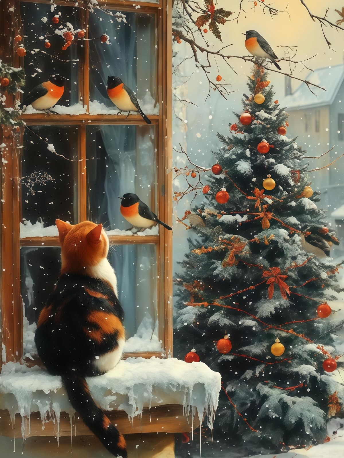 BYGFHLYW 5D Diamond Painting Kits for Adults, Cat Winter Diamond Art Kits for Adults Beginner, DIY Full Drill Round Diamond Dot Gem Painting for Home Wall Decor 12x16inch BYGFHLYW