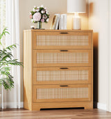 GarveeHome 4 Drawer Dresser Rattan Dresser, Tall Chest of Drawers, Wood Dresser for Bedroom, Closet, Living Room, Hallway GarveeHome