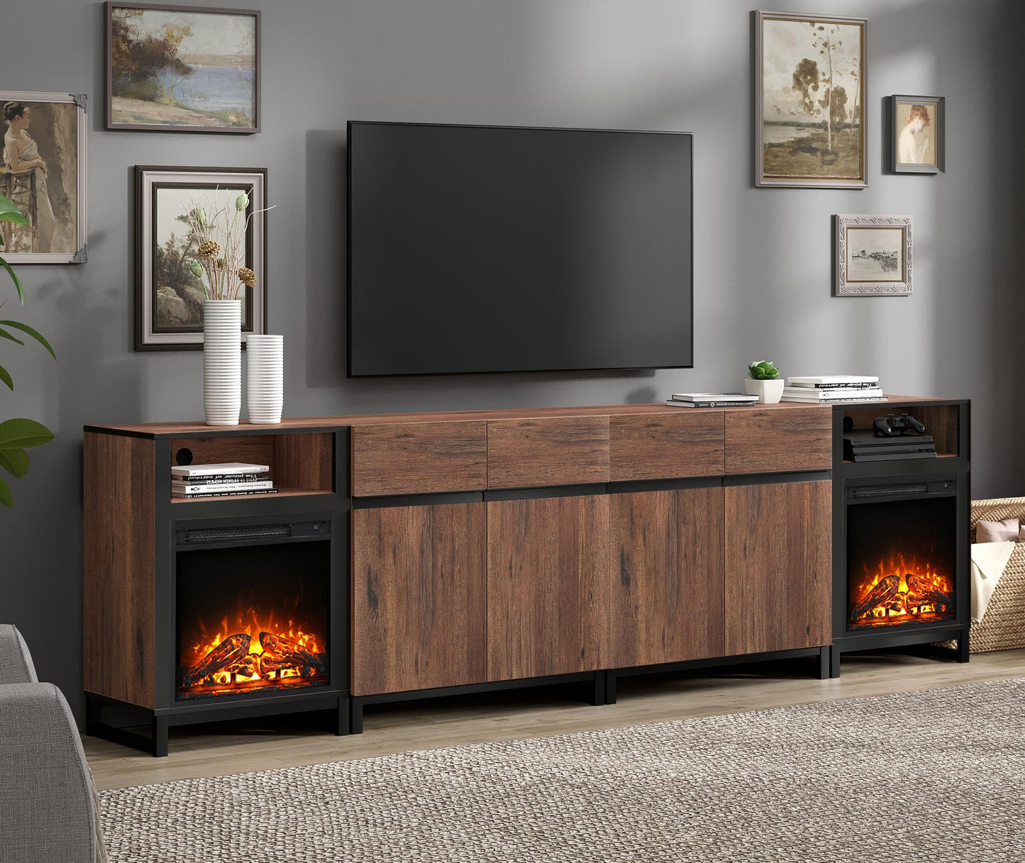 WAMPAT Fireplace TV Stand for TVs up to 110 inch, 4 in 1 Modern Entertainment Center with LED Lights & Adjustable Shelf, TV Console for Living Room,Brown