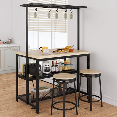 47" Large Kitchen Island Table Bakers Rack with Power Outlet and 3-Tier Storage-Microwave Stand Oven Shelf, Metal Coffee Bar Table ,Kitchen Storage Shelf for Dining Living Room, 5 Hooks，47"*28"*72" GAOMON