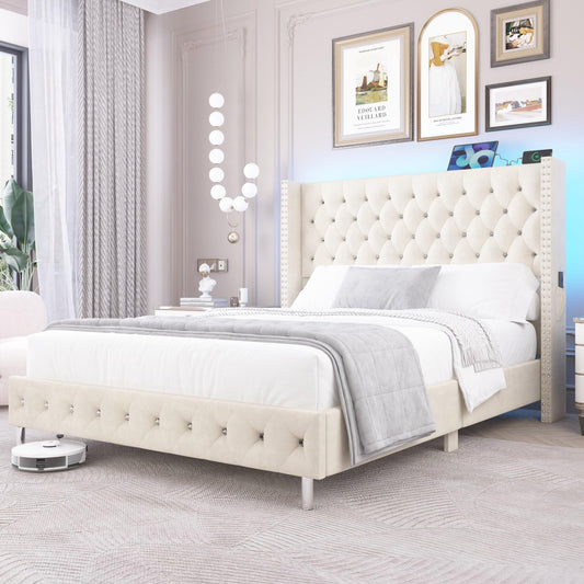 Queen Velvet Upholstered Bed Frame with Wingback Headboard, LED Lights, USB & Type-C Ports, Cream - WoodArtSupply