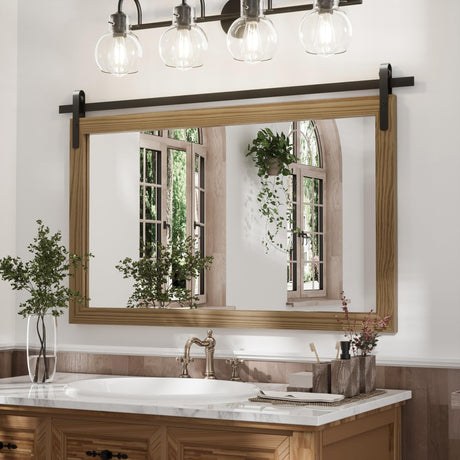 Brown Farmhouse Mirror for Wall, 40x26INCH Large Wood Framed Square Bathroom Mirrors for Vanity, Barn Door Style Mirrors Wall Mounted Dresser Decor Mirror Living Room Bedroom Horizontal PAIHOME
