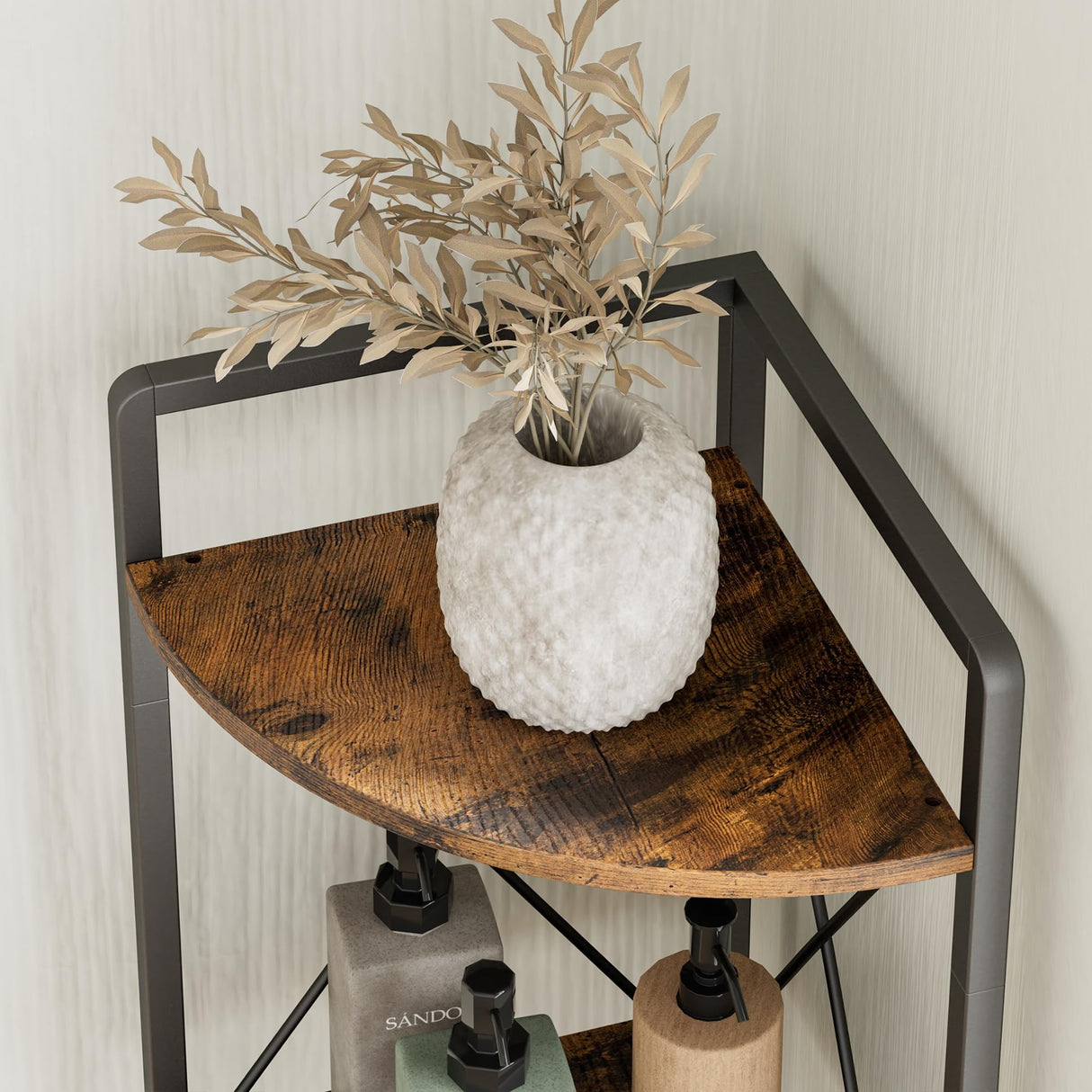 Cerlyunzan 5 Tier Corner Shelf Stand, 64" H Tall Industrial Corner Bookshelf for Living Room Decor, Metal Corner Shelf, Plant Stand Display Shelf for Bedroom, Bathroom, Small Space, Rustic Brown Cerlyunzan