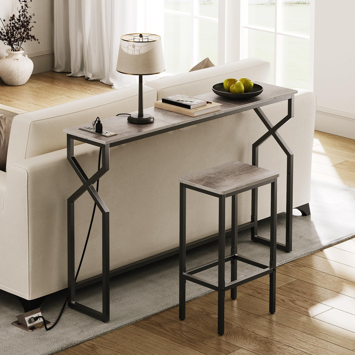 MAHANCRIS Console Sofa Table, 44.9" Entryway Table with Power Station, Narrow Couch Table, Hallway Table, Sofa Table with USB Ports, Metal Frame, for Entrance, Living Room, Greige CTHG113E01 MAHANCRIS