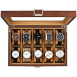 GUKA Watch Box, 10 Slot Watch Case with Real Glass Lid, Wood Watch Display Case with Cloth Watch Pillow, Watch Storage Box for Men and Women, Brown GUKA