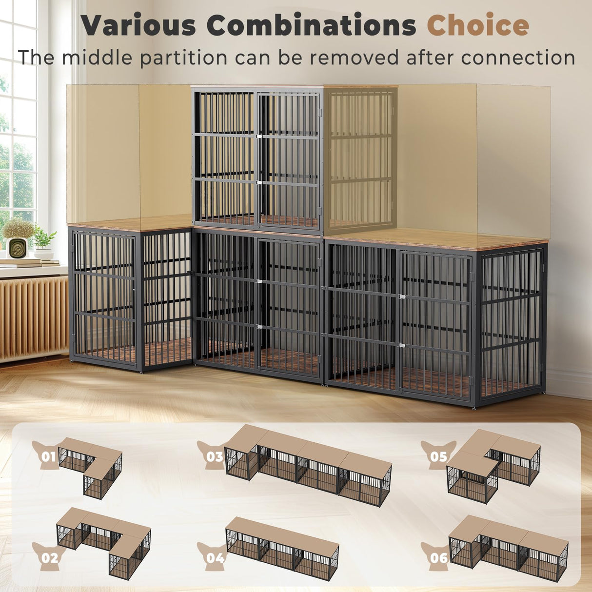 Lyromix 48'' L-Shaped Corner Dog Crate Furniture Large Breed with Double Rooms for 2 Dogs,Wooden Dog Crate End Table Indoor with Removable Divider for Medium to Large Dogs, Can Use Separately Lyromix