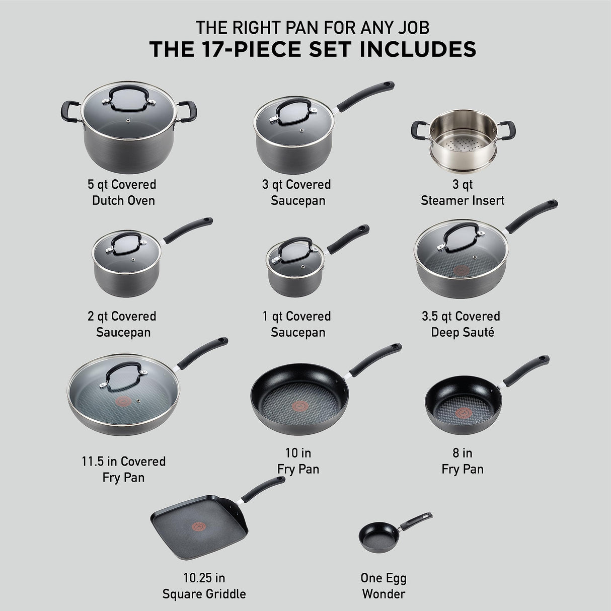 T-fal Ultimate Hard Anodized Nonstick Cookware Set 17 Piece, Oven Broiler Safe 400F, Lid Safe 350F, Kitchen Cooking Set w/ Fry Pans, Saucepans, Saute Pan, Griddle, Pots and Pans, Dishwasher Safe Black T-Fal