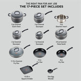 T-fal Ultimate Hard Anodized Nonstick Cookware Set 17 Piece, Oven Broiler Safe 400F, Lid Safe 350F, Kitchen Cooking Set w/ Fry Pans, Saucepans, Saute Pan, Griddle, Pots and Pans, Dishwasher Safe Black T-Fal