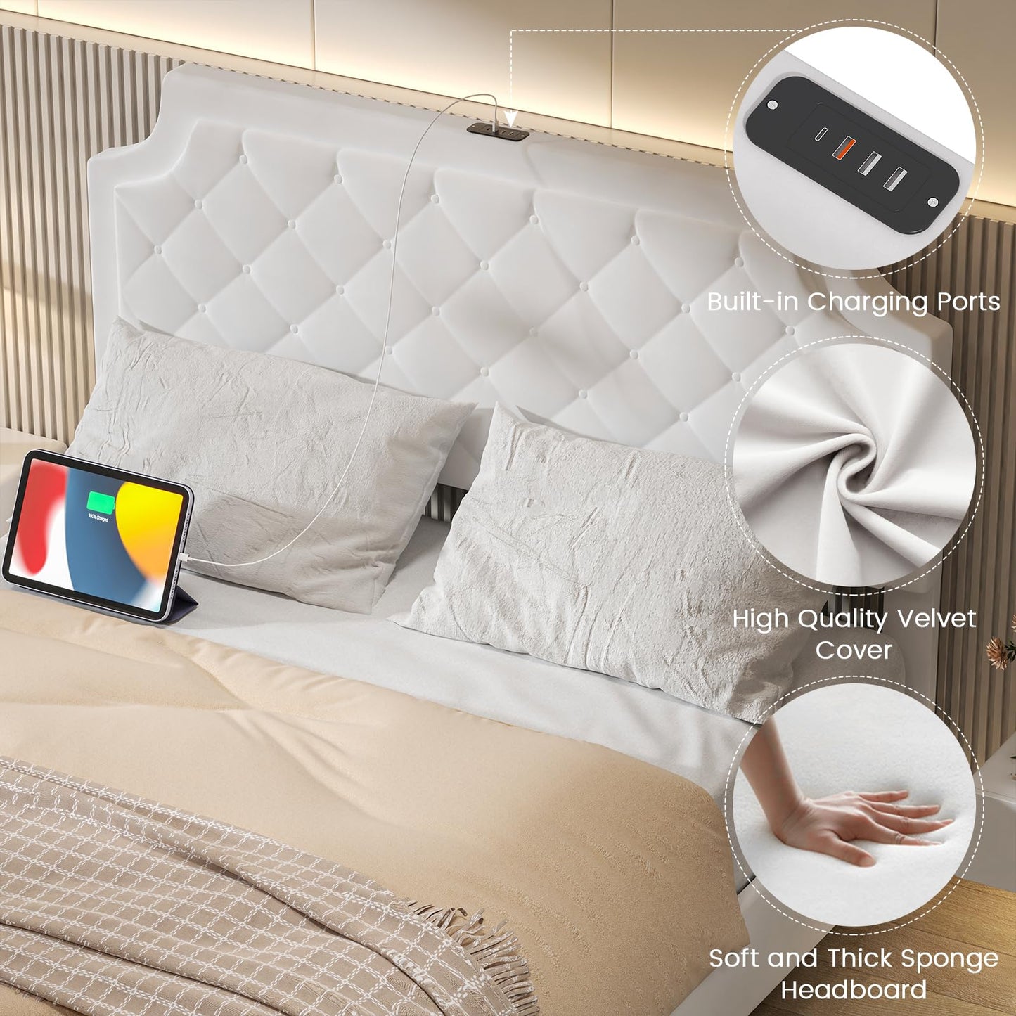 Elegant White Floating Full Size Bed Frame with Adjustable Headboard and Fast Charging Station - WoodArtSupply