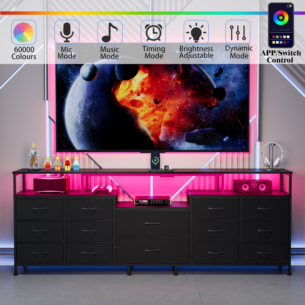 NinPeen 70.9" W Large TV Stand for 65/75/80 inchs TVs,14 Drawer Long Dresser with Charging Station and LED Lights,Entertainment Center with Storage for Living Room (Black, 70.9" W) NinPeen