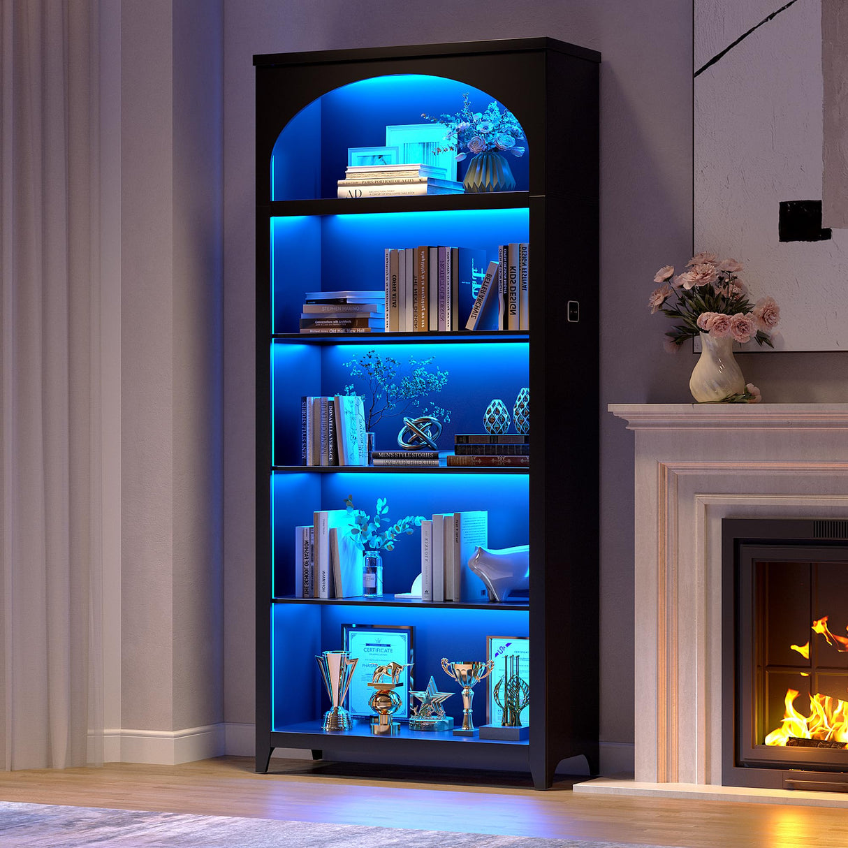 jajov 5-Tier Wooden Bookshelf with LED Lights, 70 Inch Tall Bookshelf with Storage, Floor Standing Modern Style Display Bookcase for Living Room, Office, Study Room, Entryway - Black jajov