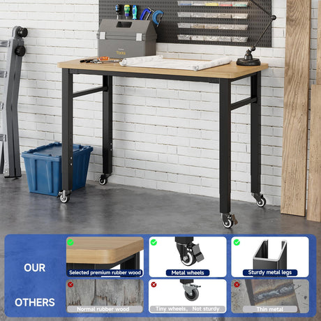 Yizosh 48" Adjustable Workbench, Portable Workbench with Wheels, Rubber Wood Top Workbench 2000 LBS Load Capacity, Heavy Duty Garage Workbench with Storage for Garage, Workshop,Office Yizosh