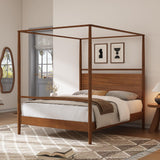 LUMISOL Queen Size Solid Wood Canopy Bed, Pine Wood Bed Frame Built in Headboard, Four Posters Bed with Complete Roller Track on The Top, No Box Spring Needed, Walnut LUMISOL