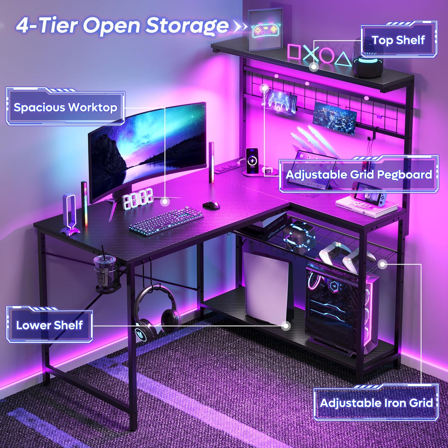 Bestier Gaming Desk with Power Outlets,42 Computer Desk with LED Lights, Reversible Corner Desk with 4-Tier Shelves,Cup Holder & Hook for Home Office,Carbon Fiber Black