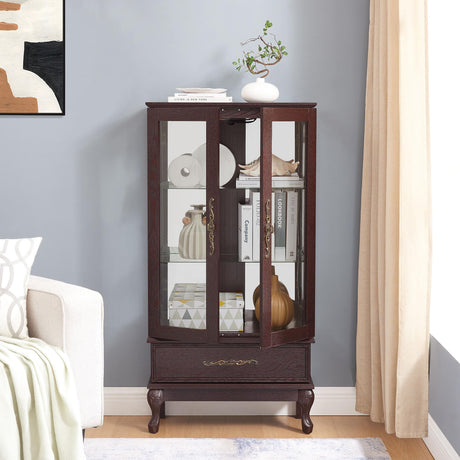 CQSXDA Vintage Lighted Curio Storage Cabinet with 1 Drawer, Mirrored Back & Tempered Glass Doors, 3 Tier Storage Display Cabinet Adjustable Shelves Home Office Showcase,Brown CQSXDA