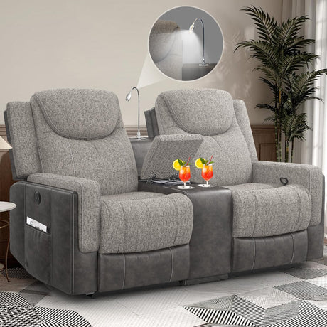 Dresegmt Loveseat Recliner, Manual Reclining Loveseat Sofa with Reading Light, Chic Blend Style Sofa, Storage Console, Cup Holders, USB Ports, Fabric & PU Leather, Recliner Couch for Living Room/RV Dresegmt