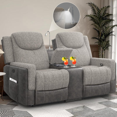 Dresegmt Loveseat Recliner, Manual Reclining Loveseat Sofa with Reading Light, Chic Blend Style Sofa, Storage Console, Cup Holders, USB Ports, Fabric & PU Leather, Recliner Couch for Living Room/RV