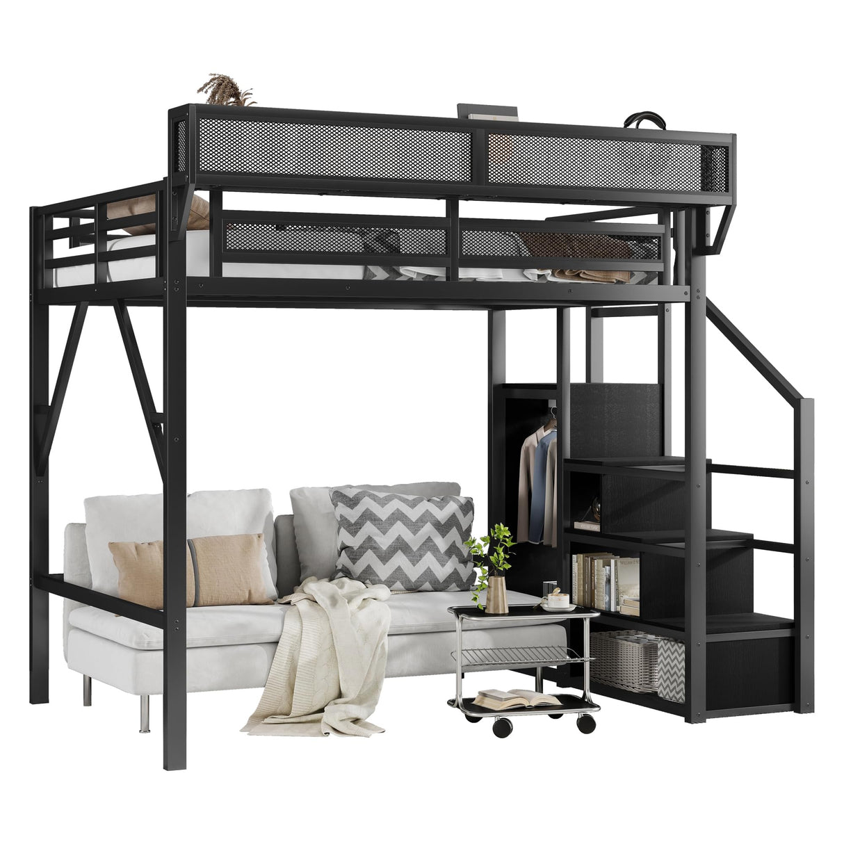 Mirightone Full Size Loft Bed with Stairs, Metal Loft Beds, High Loft Bed Frame with Storage Shelves, Lofted Full Bed with Wardrobe for Kids and Teens, No Box Spring Needed (Black) Mirightone