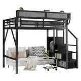 Mirightone Full Size Loft Bed with Stairs, Metal Loft Beds, High Loft Bed Frame with Storage Shelves, Lofted Full Bed with Wardrobe for Kids and Teens, No Box Spring Needed (Black) Mirightone