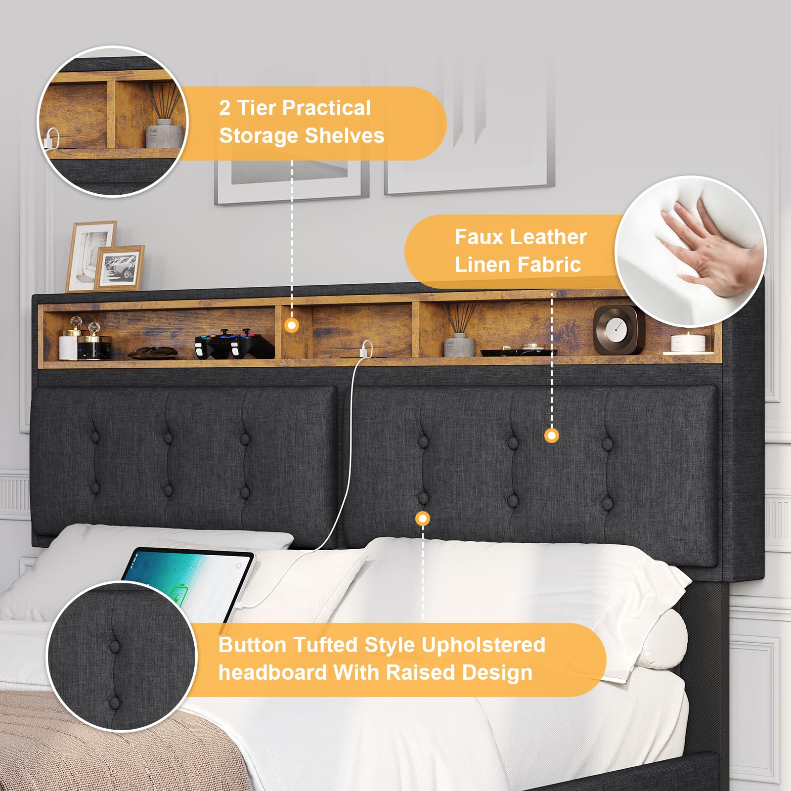 Modern DICTAC Queen Floating Bed Frame with LED Lights and Storage Headboard - WoodArtSupply