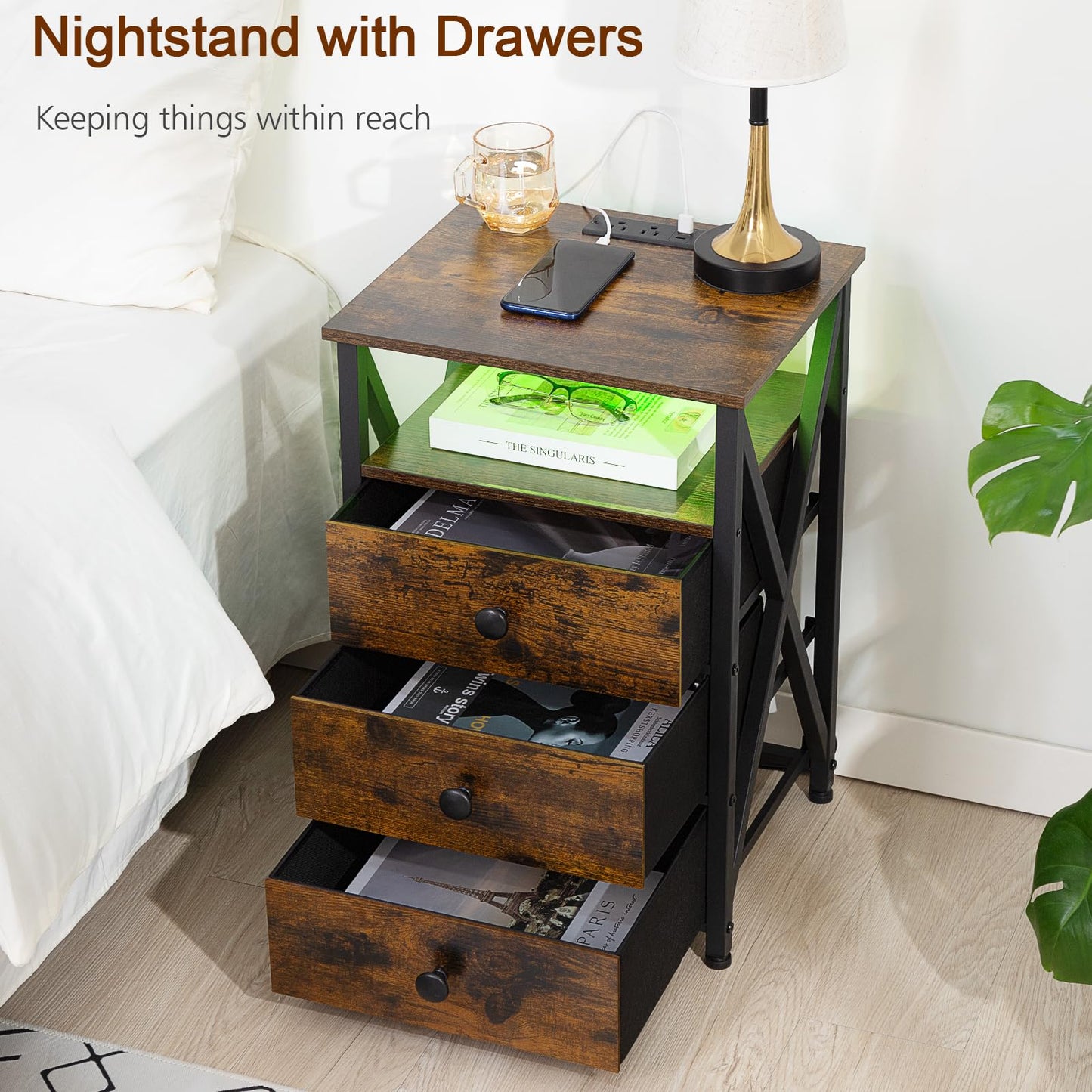 AMHANCIBLE Night Stand Set 2, LED Nightstand with Charging Station, End Side Tables with USB Port & Outlet, Bedside Tables with Fabric Drawers for Bedroom Living Room, Rustic Brown HET053LBR - WoodArtSupply