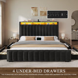 DWVO King Size Bed Frame with 4 Storage Drawers and RGB LED Lights, Velvet Upholstered Platform Bed with Charging Station and Bookcase Storage Headboard, No Box Spring Needed, Easy Assembly, Black DWVO