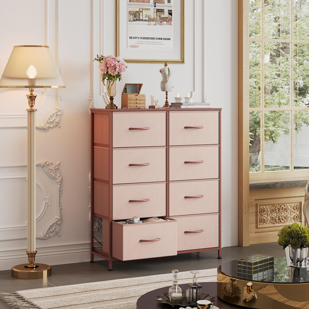 WLIVE Fabric Dresser for Bedroom, Tall Dresser with 8 Drawers, Storage Tower with Fabric Bins, Double Dresser, Chest of Drawers for Closet, Playroom, Dormitory, Pink and Rose Gold WLIVE