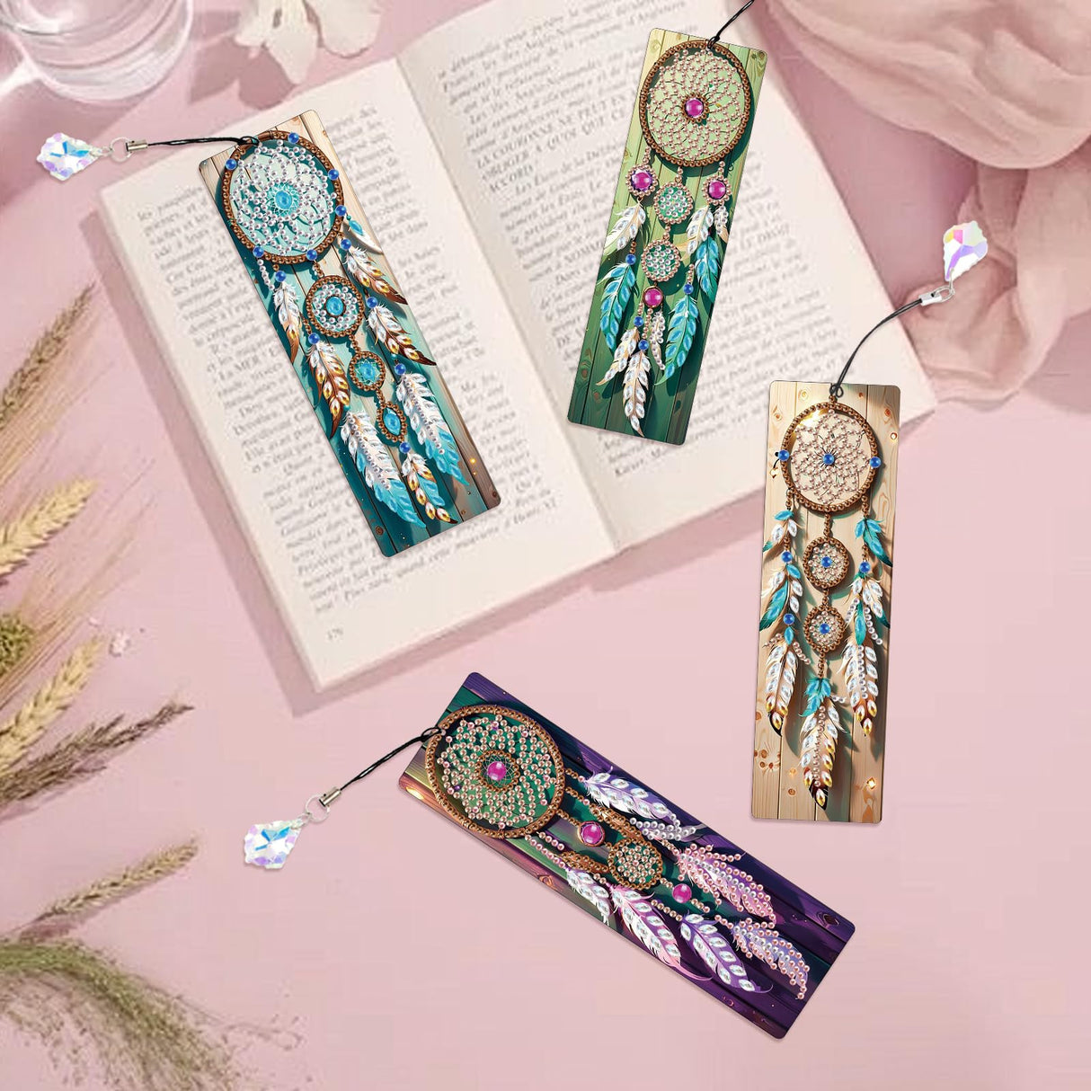 4 Pack Diamond Painting Bookmark Kits Theme of Dreamcatcher, Special Shaped Diamond Art Bookmarks with Pendant, DIY Handmade Crafts Home Office Supplies Reading Bookmark, Perfect Gift for Book Lovers Focart