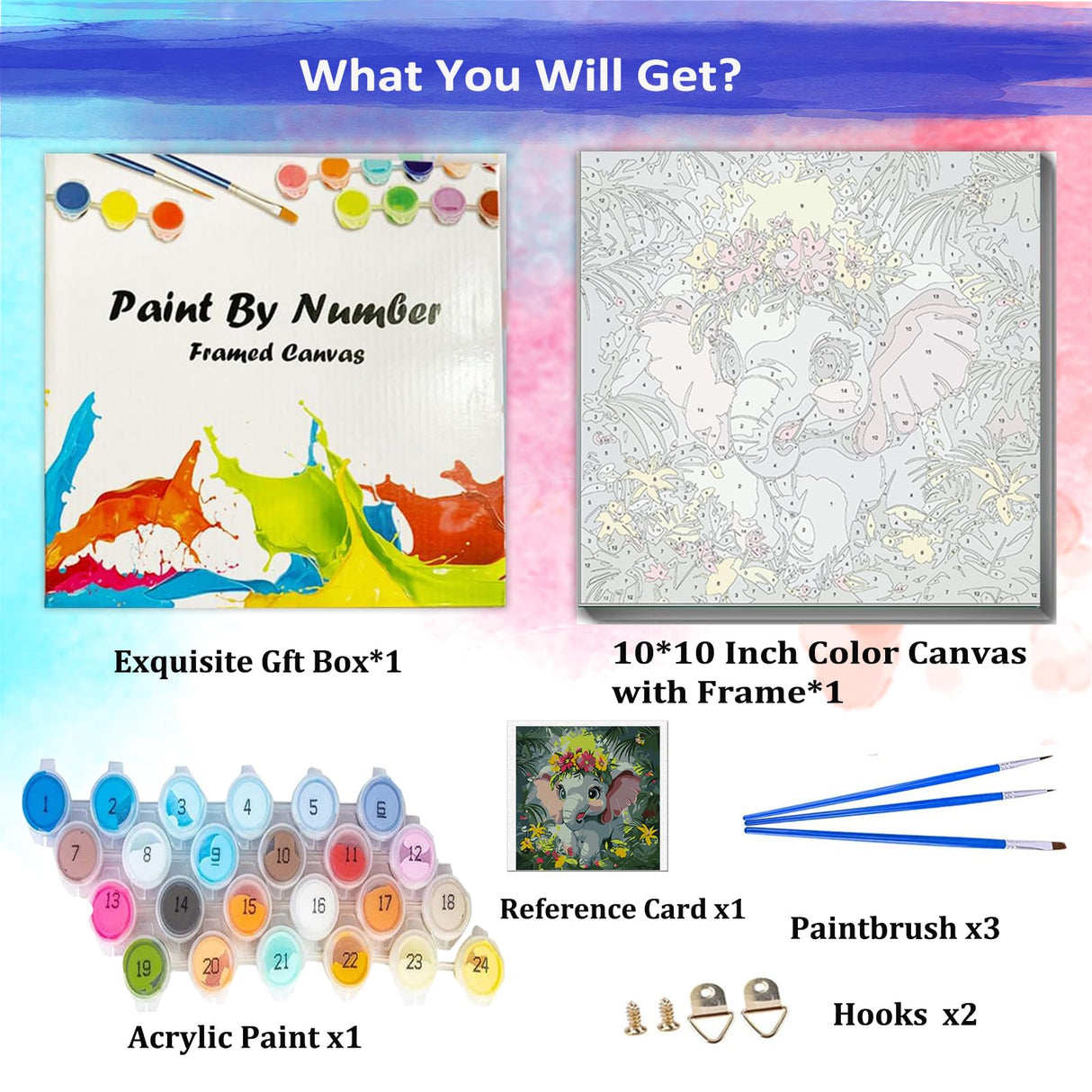 JUJUHOOD Cartoon Elephant Framed Paint by Numbers Kit for Adults Beginner & Kids Ages 8-12,Animal Paint by Number Without Easel, Acylic Paint by Numbers for Gift Home Wall Decor (10x10Inch) JUJUHOOD