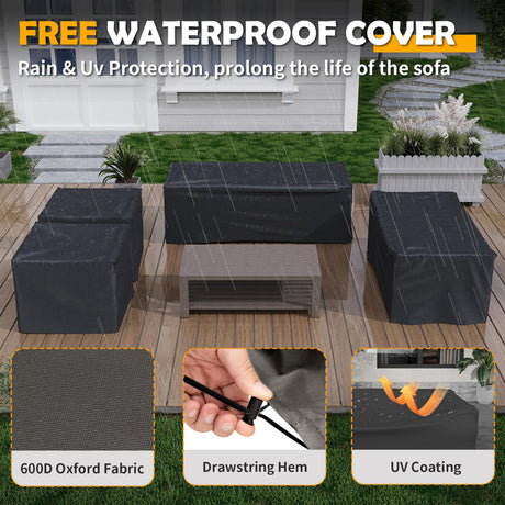 Amopatio Aluminum Patio Furniture Set, 8 Pieces Modern Metal Outdoor Furniture, Faux Wood Grain Finish Frame Patio Sofa Sets with 6" Cushion for Backyard, Beige (Included Waterproof Covers) Amopatio