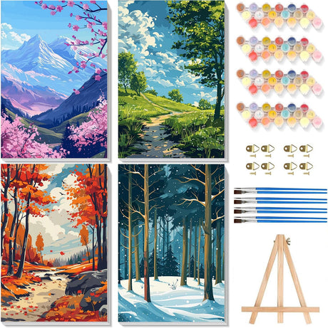4 Pack Framed Paint by Numbers Kit for Adults Beginners-Four Season Adult Paint by Number Kits on Canvas Framed, Landscape DIY Acrylic Oil Painting by Numbers for Adults for Gift Home Decor(8x12inch) Arttoplus